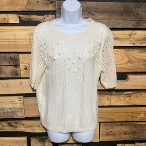 Anthropologie Mine Cream Pointelle Pom Pom Scallop Sweater Size‎ Large
